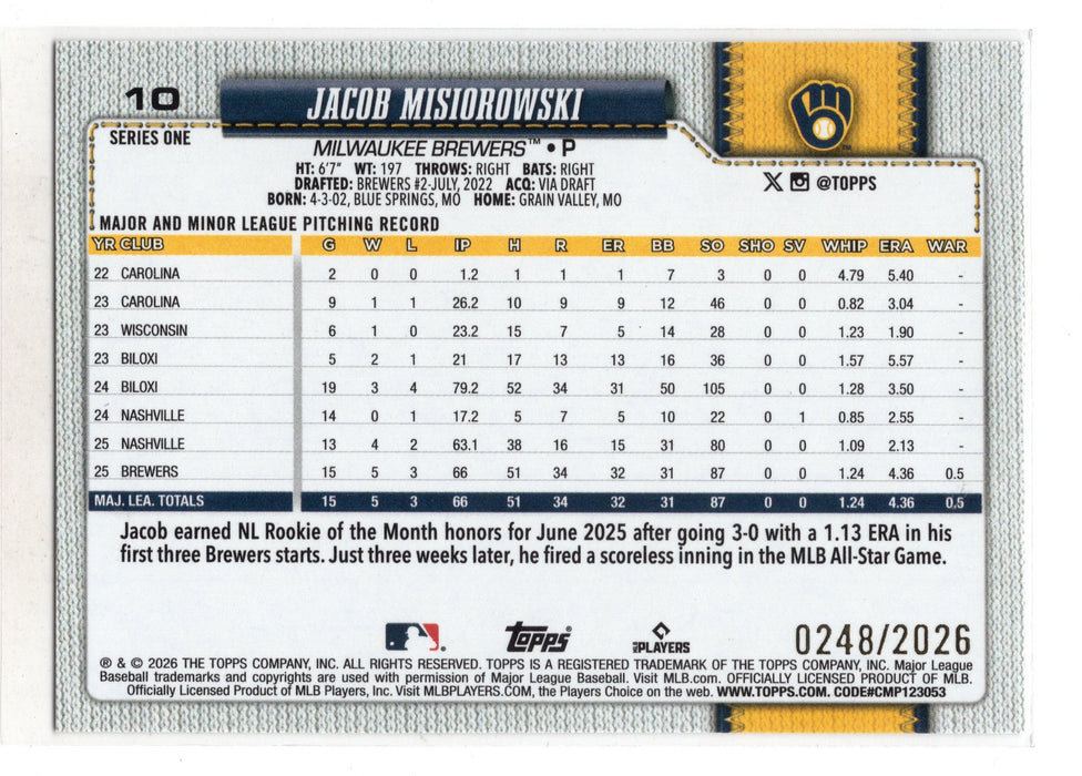 2026 Topps Series 1 Jacob Misiorowski #10 Gold RC Rookie /2026