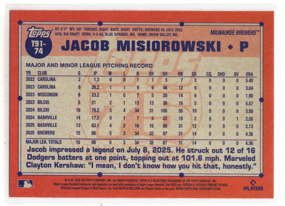 2026 Topps Series 1 Japan Edition Jacob Misiorowski #T91-74 Koi Fish RC Rookie