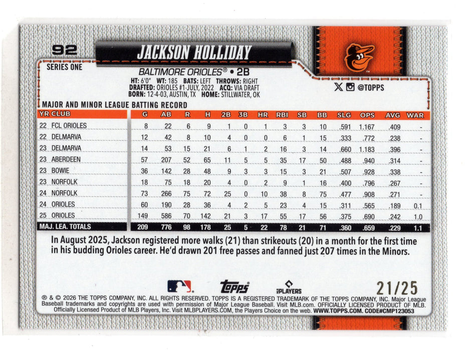 2026 Topps Series 1 Jackson Holliday #92 Orange Diamante Foil Color Match /25