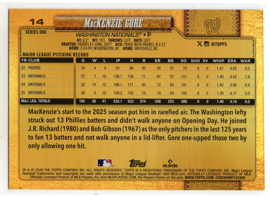2026 Topps Series 1 Mackenzie Gore #14 Golden Mirror Variation SP