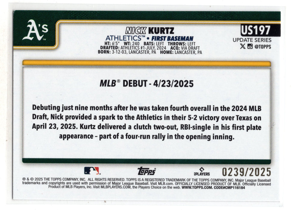 2025 Topps Update Series Nick Kurtz #US197 Gold RC Rookie /2025