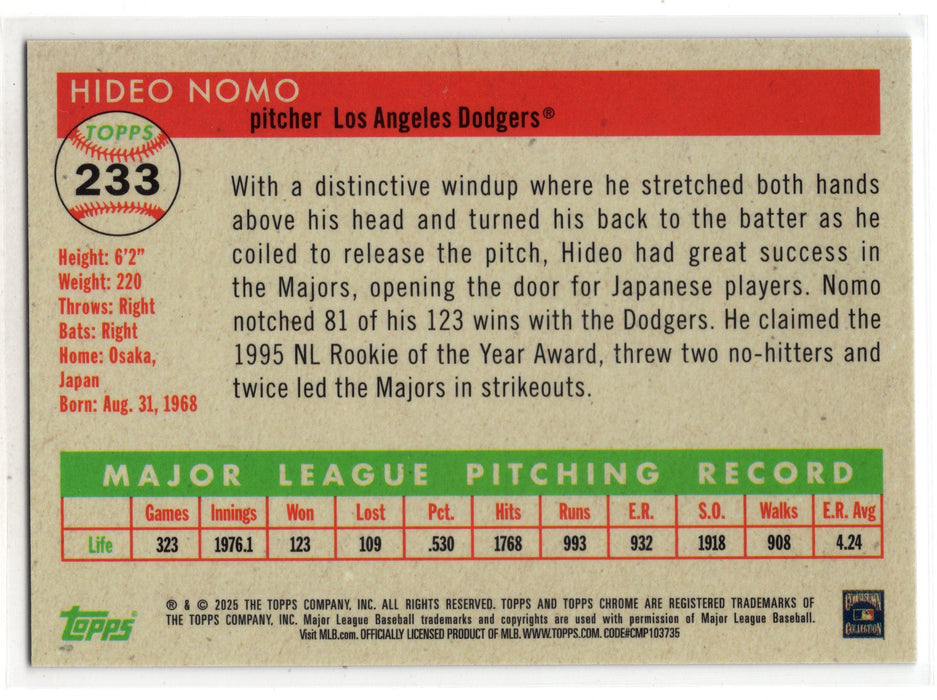 2025 Topps Chrome Platinum Hideo Nomo #233 Toile Cream Black Refractor /10