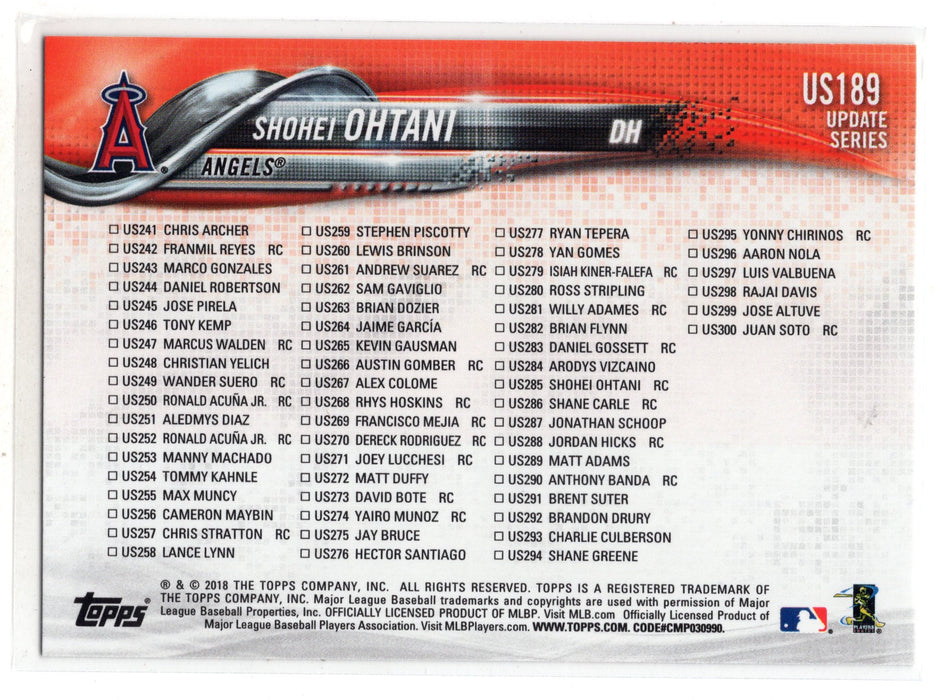 2018 Topps Update Series Shohei Ohtani #US189 Season Highlights Checklist RC Rookie