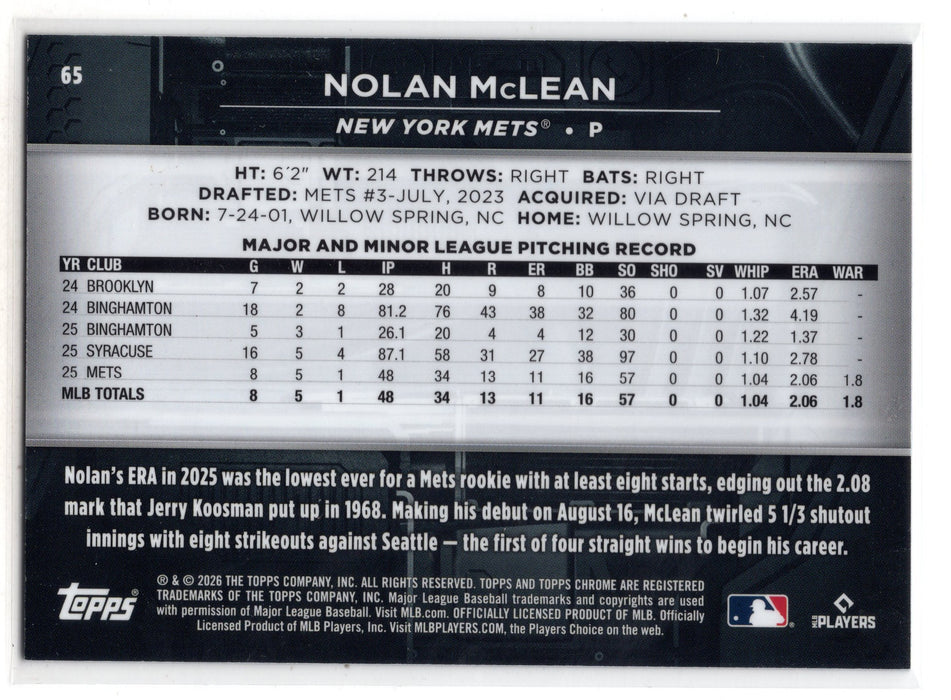 2026 Topps Chrome Black Nolan McLean #65 Orange Refractor RC Rookie /25
