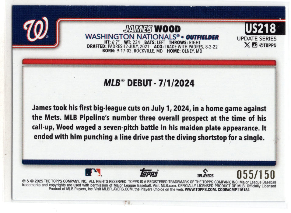 2025 Topps Update Series James Wood #US218 Blue Sandglitter Foil RC Rookie /150