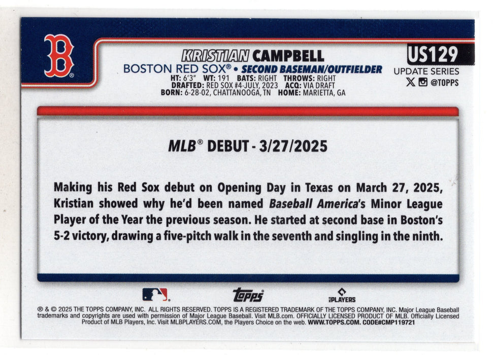 2025 Topps Update Series Kristian Campbell #US129 True Photo RC Rookie