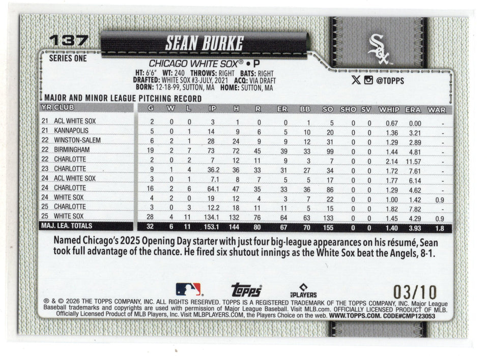 2026 Topps Series 1 Sean Burke #137 Black Diamante Foil /10