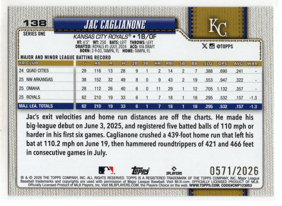 2026 Topps Series 1 Jac Caglianone #138 Gold RC Rookie /2026