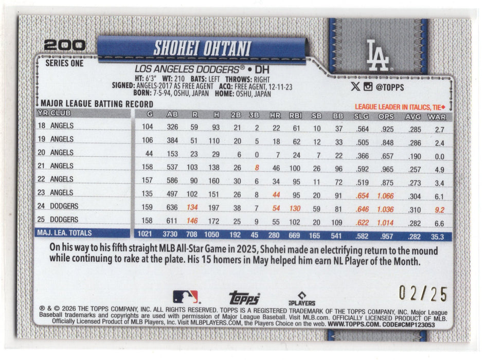 2026 Topps Series 1 Shohei Ohtani #200 Wood Variation /25