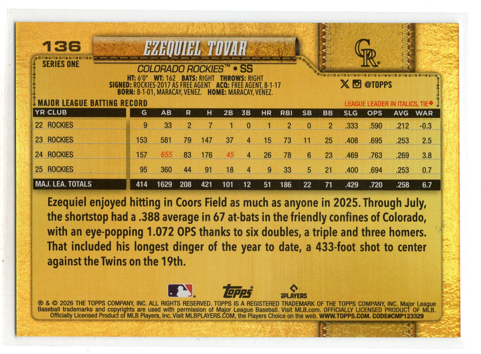 2026 Topps Series 1 Ezequiel Tovar #136 Gold Mirror Image Variation SSP