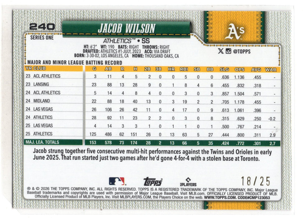 2026 Topps Series 1 Jacob Wilson #240 Orange Sandglitter /25