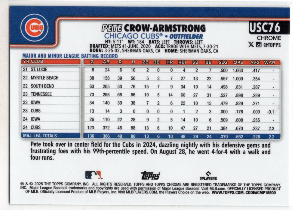 2025 Topps Chrome Update Series Pete Crow-Armstrong #USC76 Green Refractor /99
