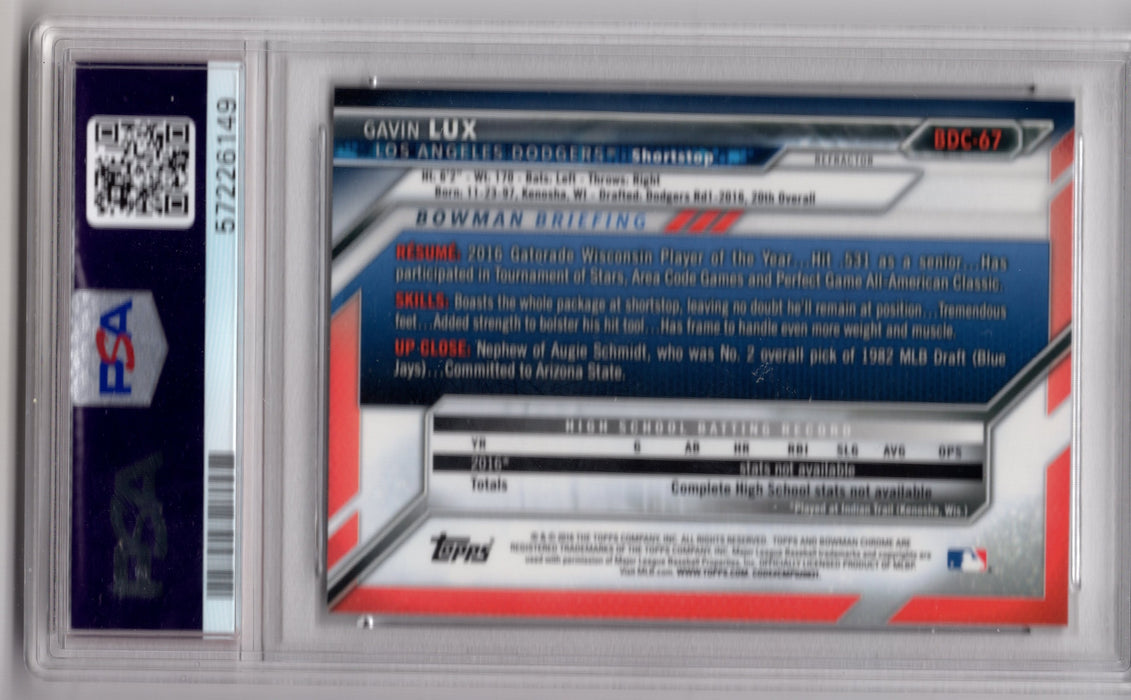 2016 Bowman Draft Gavin Lux #BDC67 Chrome Refractor RC Rookie PSA 10