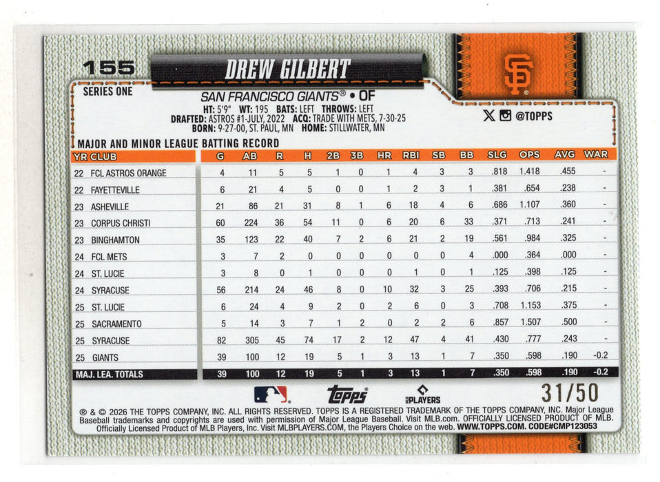 2026 Topps Series 1 Drew Gilbert #155 Gold Sandglitter RC Rookie /50