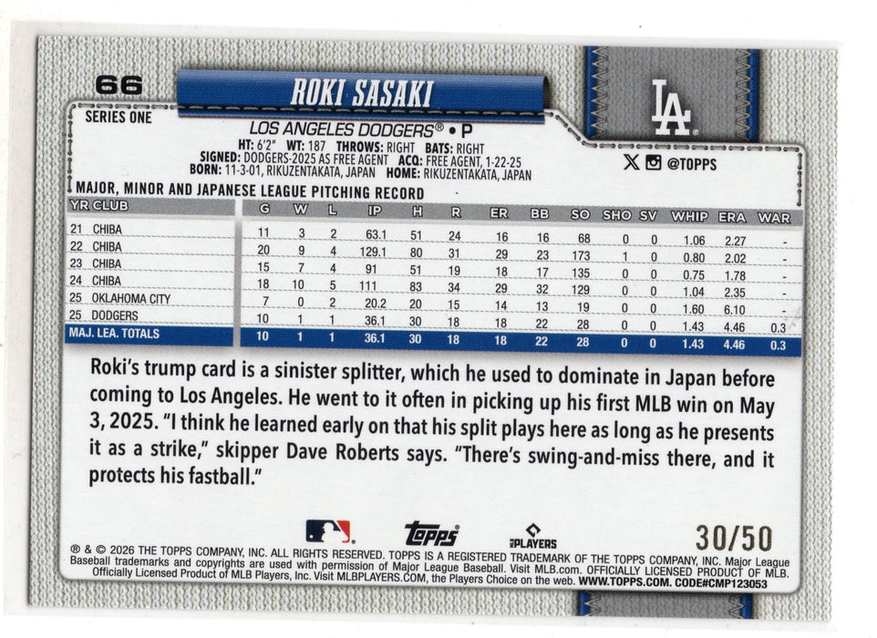 2026 Topps Series 1 Roki Sasaki #66 Future Stars Gold Spring Training Foil /50