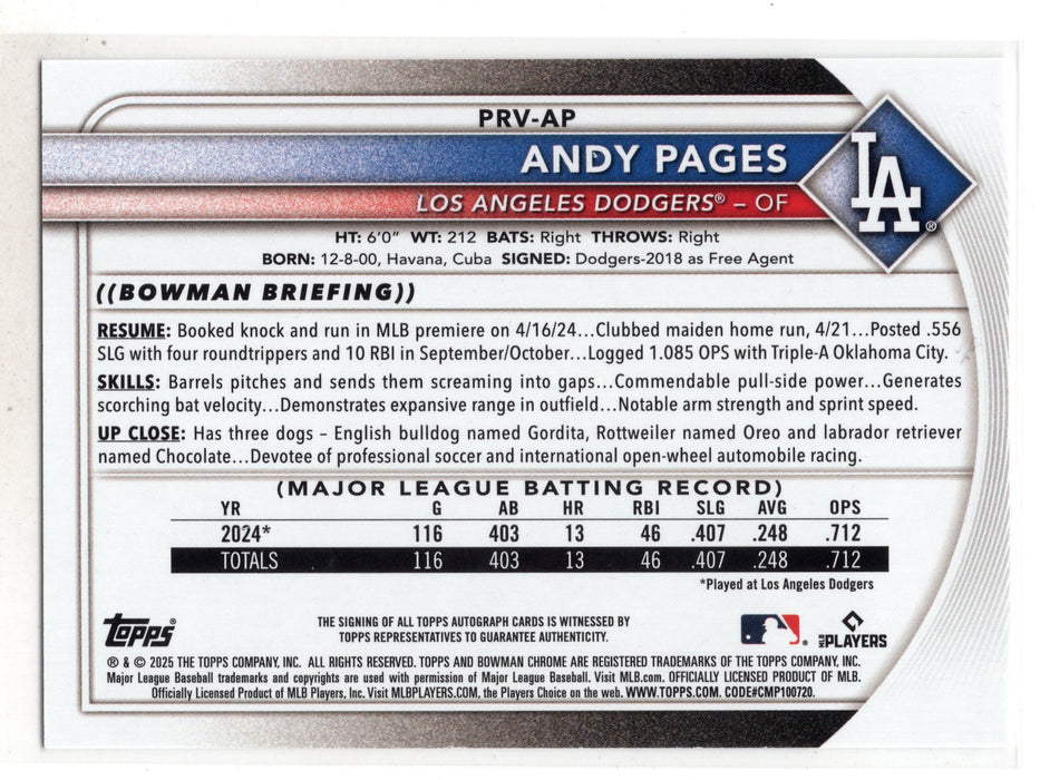 2025 Bowman Andy Pages #PRV-AP Paper Rookies and Veterans Retail Auto