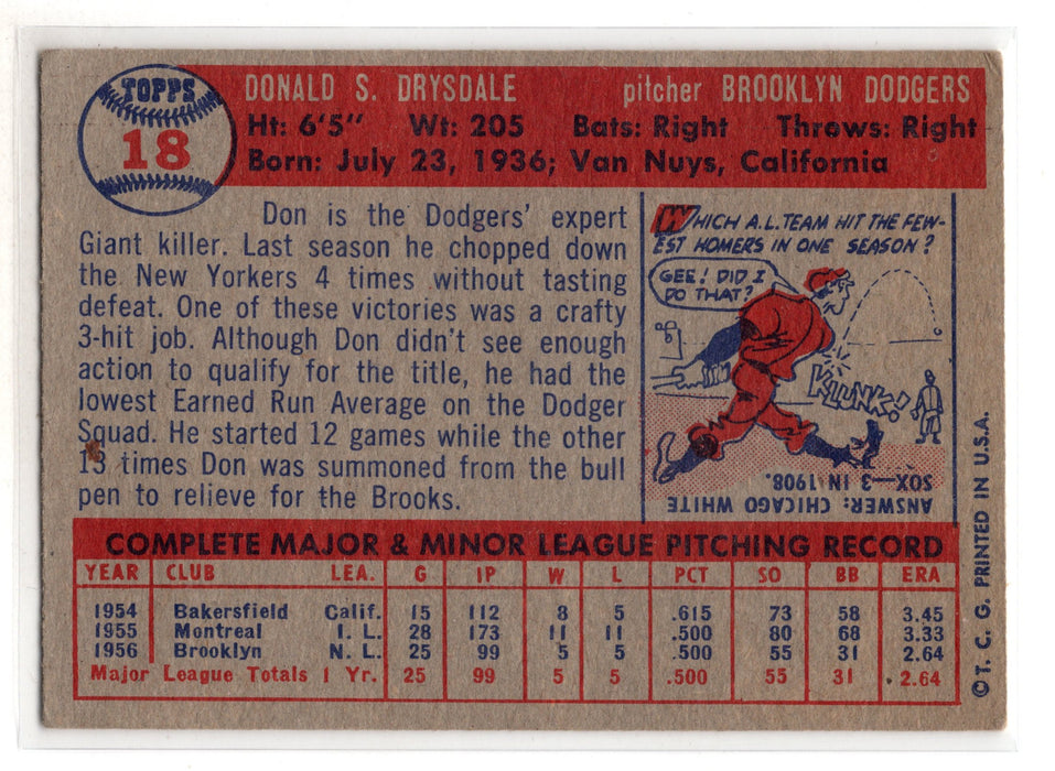 1957 Topps Don Drysdale #18 RC Rookie