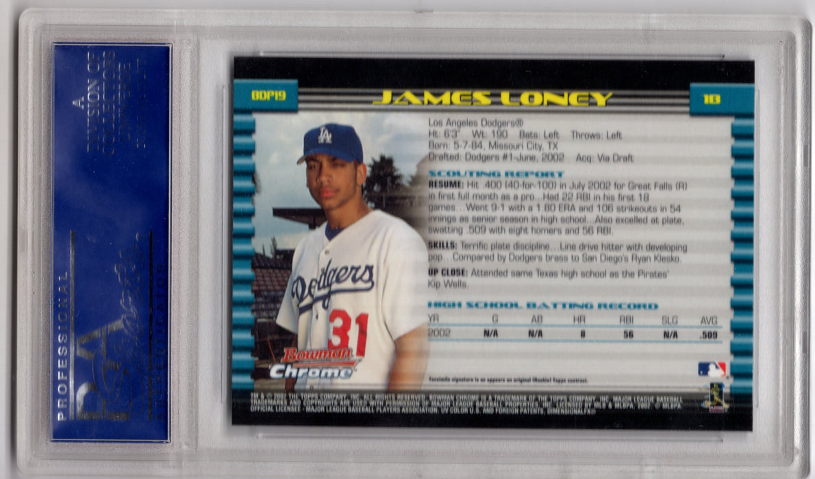 2002 Bowman Chrome James Loney #19 Draft Picks RC Rookie PSA 10