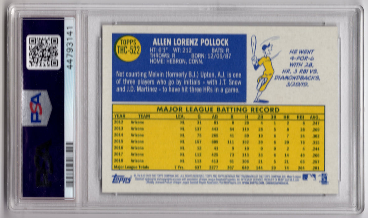 2019 Topps Heritage A.J Pollock #522 Chrome Purple Refractor PSA 10