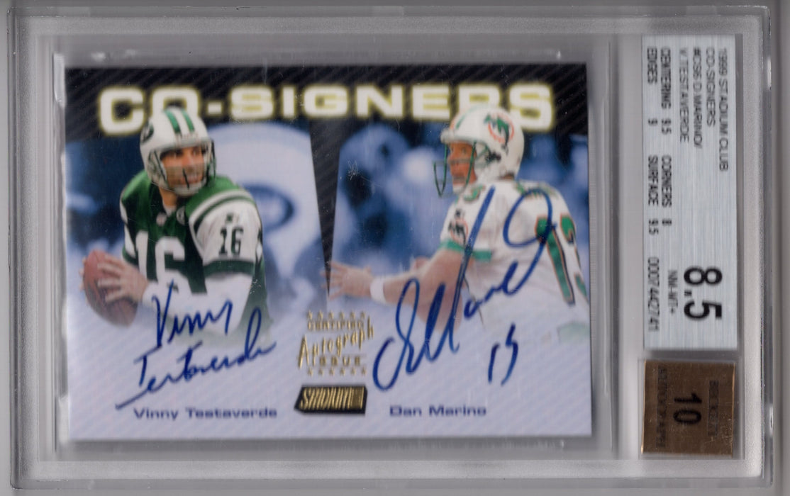 1999 Topps Stadium Club Co-Signers Dan Marino Vinny Testaverde #CS6 Dual Auto BGS 8.5 Auto 10