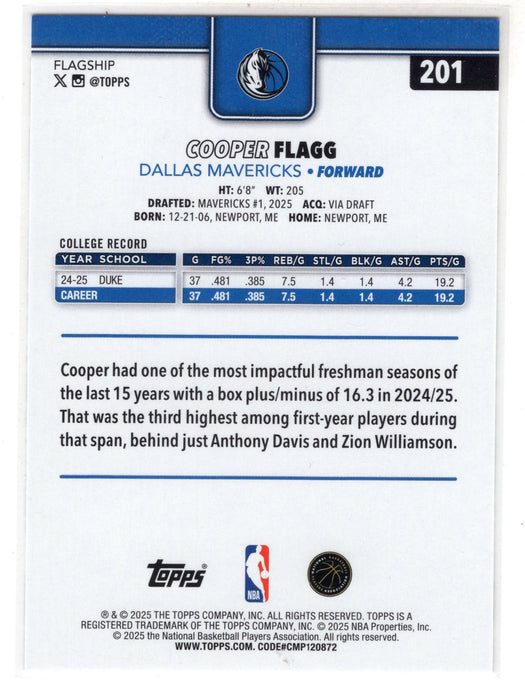 2025 Topps Cooper Flagg #201 Hoop Border Foil RC Rookie