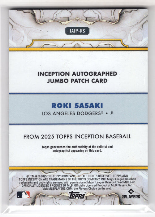 2025 Topps Inception Roki Sasaki #IAJP-RS GU Game-Used Jumbo Patch Auto RC Rookie /125