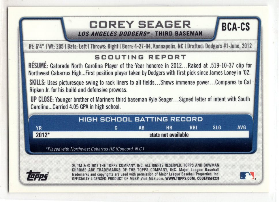 2012 Bowman Chrome Draft Picks & Prospects Corey Seager #BCA-CS Draft Pick Auto