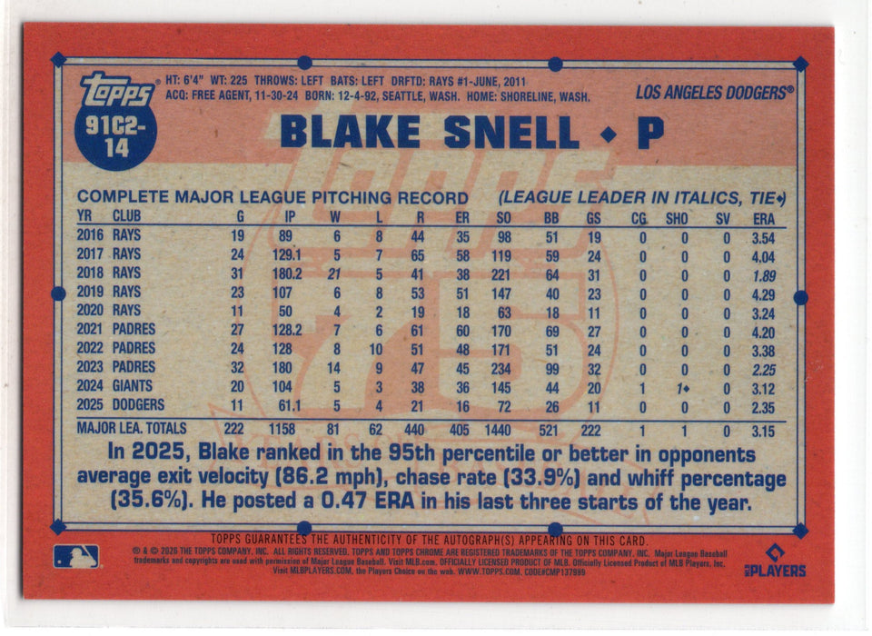2026 Topps Series 2 Blake Snell #91C2-14 Black Mojo Refractor Auto /10
