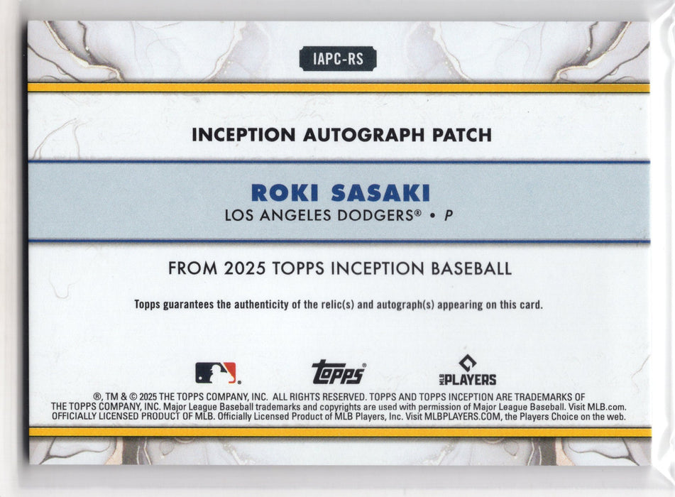 2025 Topps Inception Roki Sasaki #IAPC-RS Gold RC Rookie Patch Auto /50