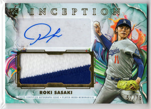 2025 Topps Inception Roki Sasaki #IAPC-RS Aqua RC Rookie Patch Auto /75