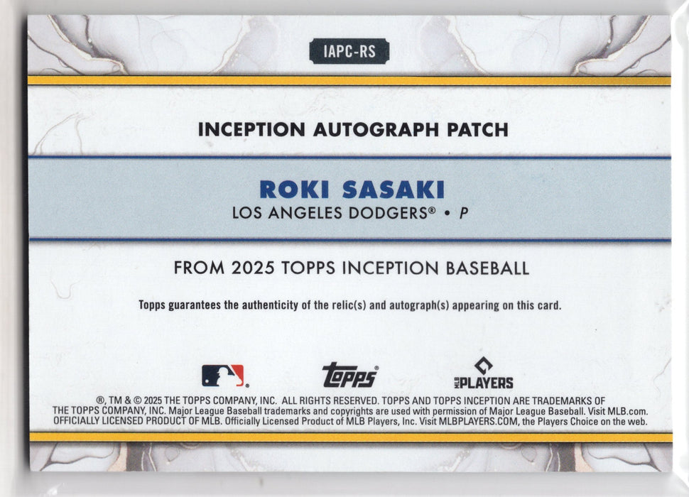 2025 Topps Inception Roki Sasaki #IAPC-RS Aqua RC Rookie Patch Auto /75