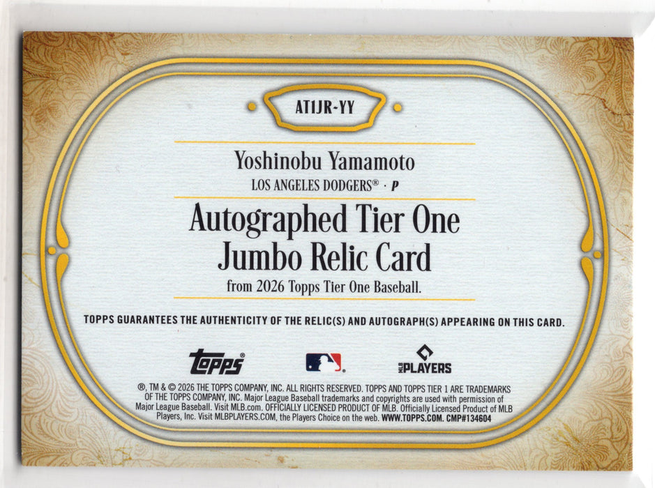 2026 Topps Tier One Yoshinobu Yamamoto #AT1JR-YY GU Game Used Jumbo Patch Auto /199