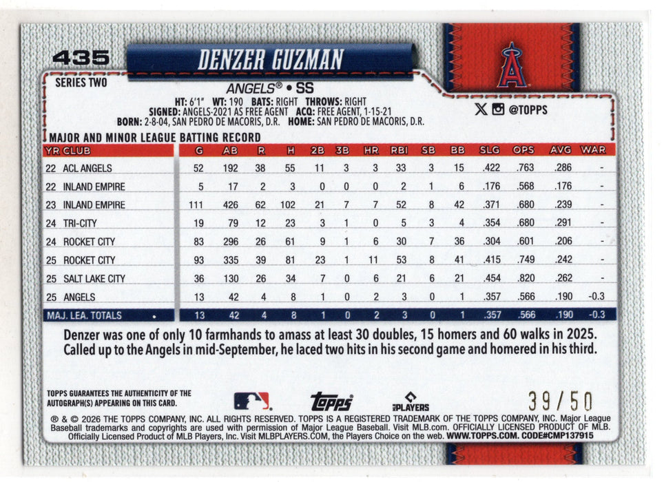 2026 Topps Series 2 Denzer Guzman #435 Gold Foil RC Rookie Auto /50