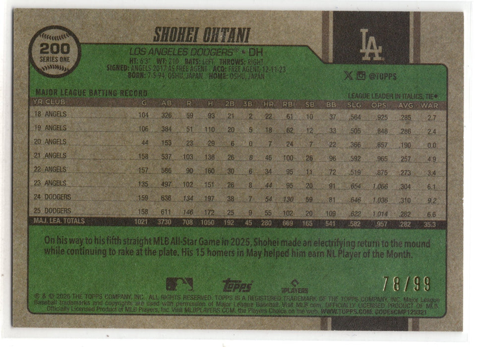2026 Topps Series One Shohei Ohtani #200 Vintage Stock Green Variation /99 SP B