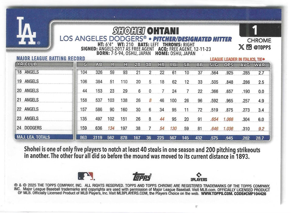 2025 Topps Chrome Shohei Ohtani #1 Green Raywave Refractor /99 SP C