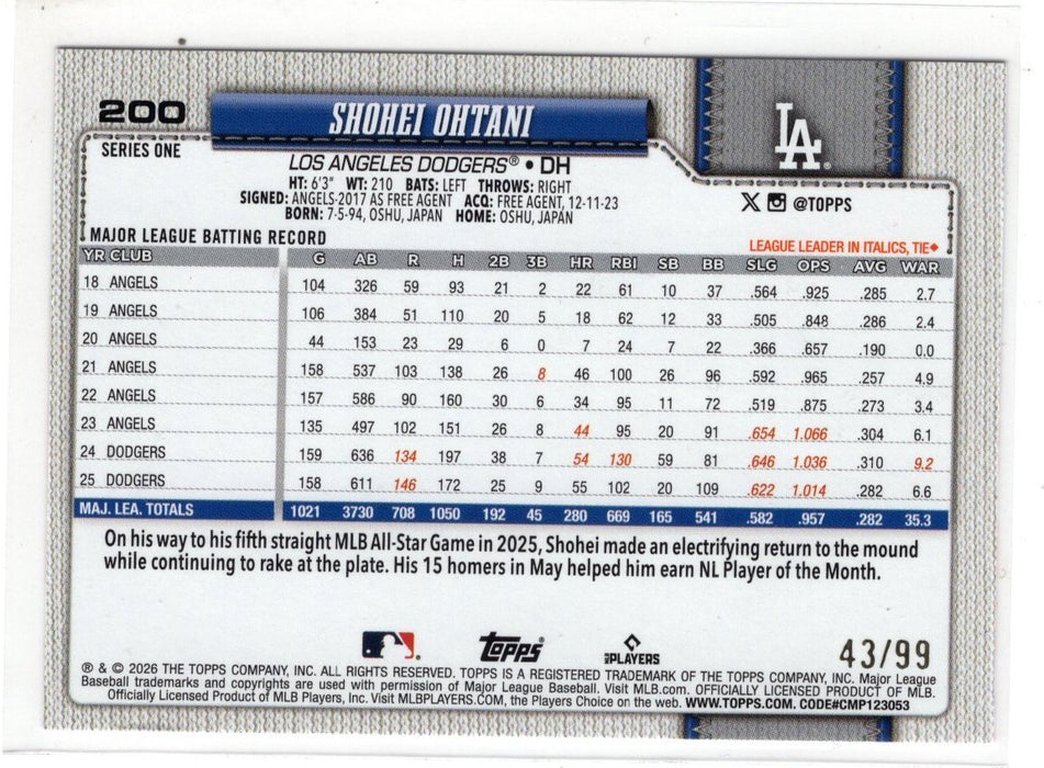 2026 Topps Series 1 Shohei Ohtani Japan Cherry Blossom #200 /99