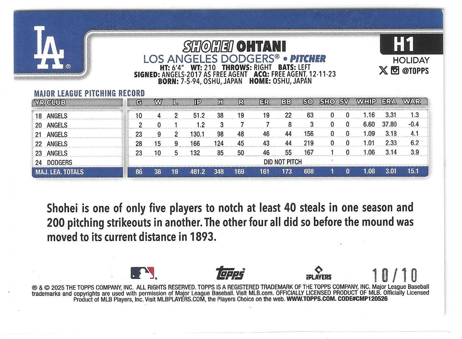 2025 Topps Holiday Shohei Ohtani #H1 Red Foil /10 Bookend SSP