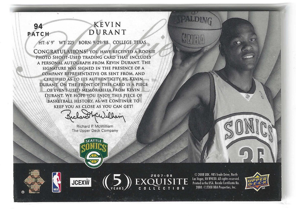 2007-08 Upper Deck Exquisite Kevin Durant #94 Rookie Patch Auto RPA RC /99 SP