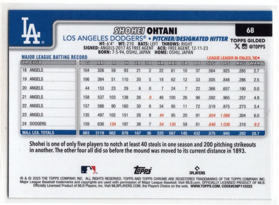 2025 Topps Chrome Gilded Collection Shohei Ohtani #68 /99