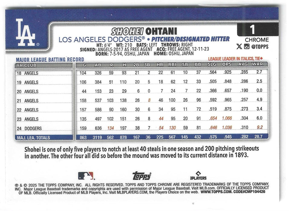 2025 Topps Chrome Shohei Ohtani #1 Green Raywave Refractor /99 SP B