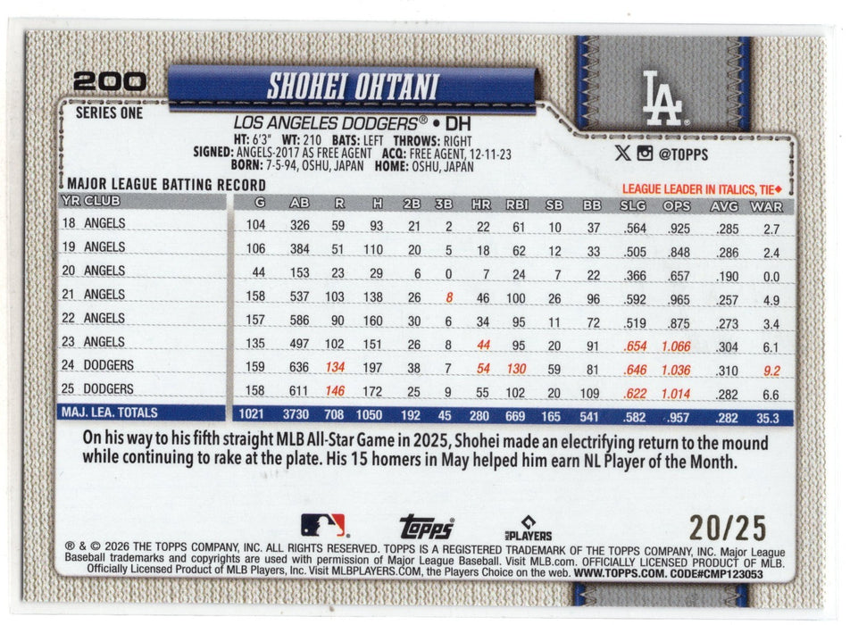 2026 Topps Series One Shohei Ohtani #200 Camo Foil /25