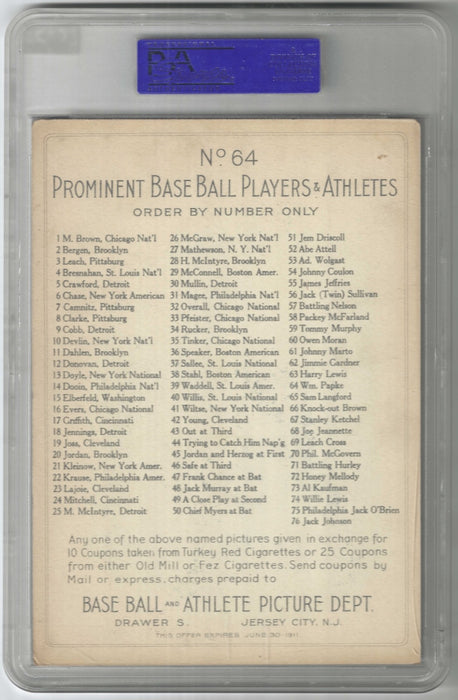 1911 T9 Turkey Red WM Papke #64 Cabinets Checklist Back PSA 5 EX