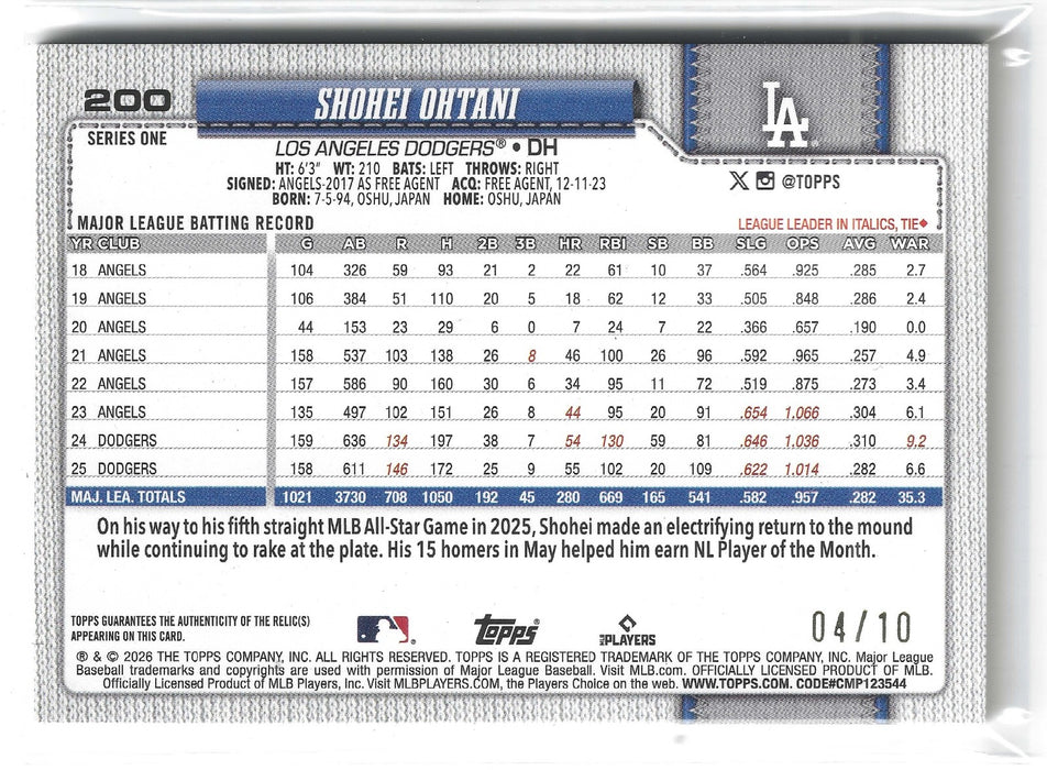2026 Topps Shohei Ohtani #200 Black Foil GU Patch /10 SSP
