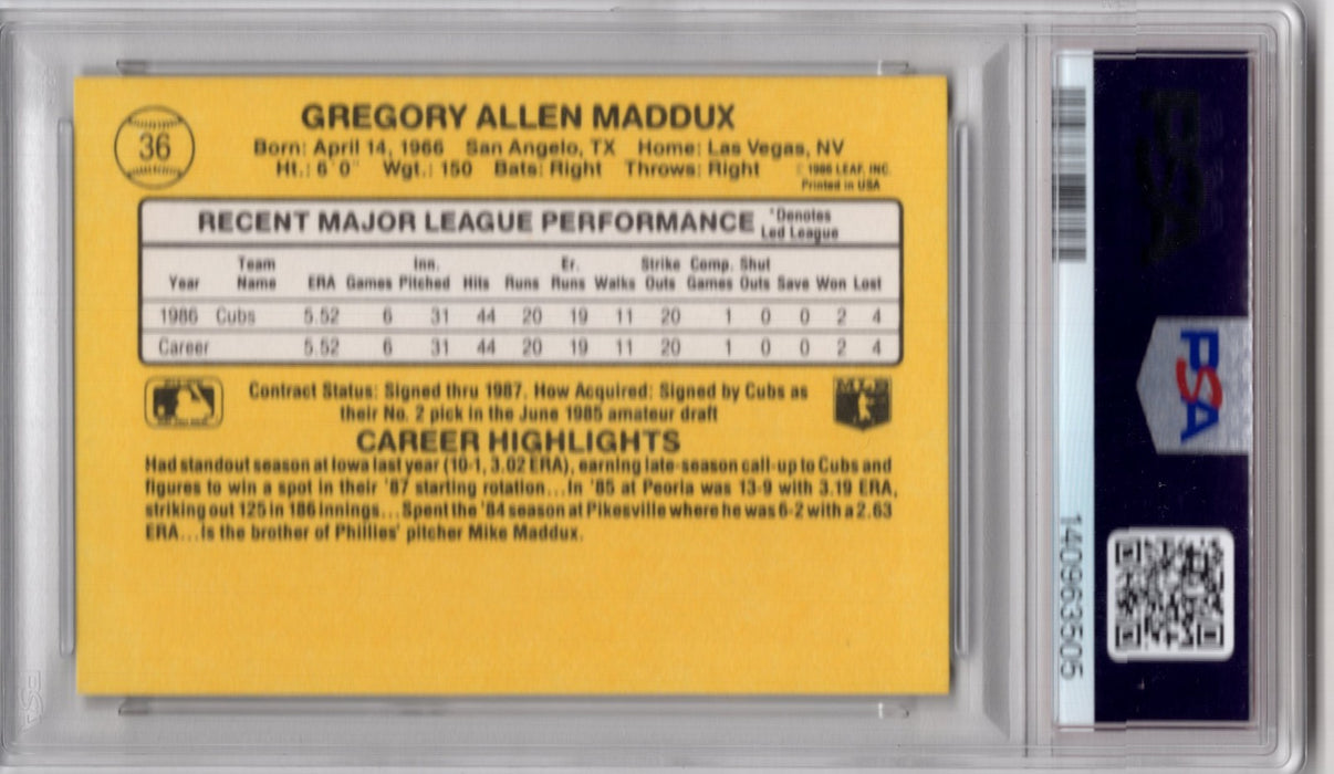 1987 Donruss Greg Maddux #36 Rated Rookie RC Auto PSA/DNA 10