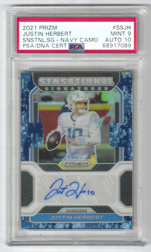 2021 Panini Prizm Justin Herbert #SS-JH Sensational Navy Camo Auto /25 SSP PSA 9