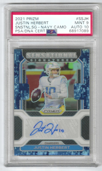 2021 Panini Prizm Justin Herbert #SS-JH Sensational Navy Camo Auto /25 SSP PSA 9