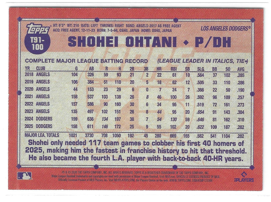 2026 Topps Shohei Ohtani #T91-100 1991 Black Foil /10 SSP