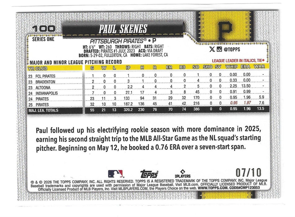 2026 Topps Series 1 Paul Skenes #100 Black Foil /10 SSP