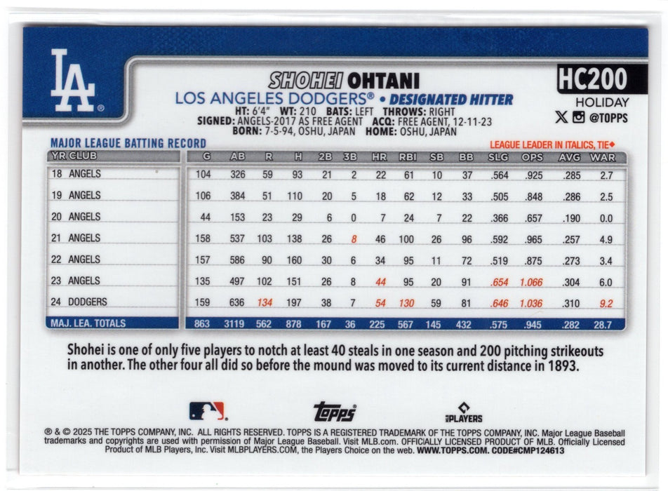 2025 Topps Holiday Chrome Shohei Ohtani #HC200 Orange Refractor /25