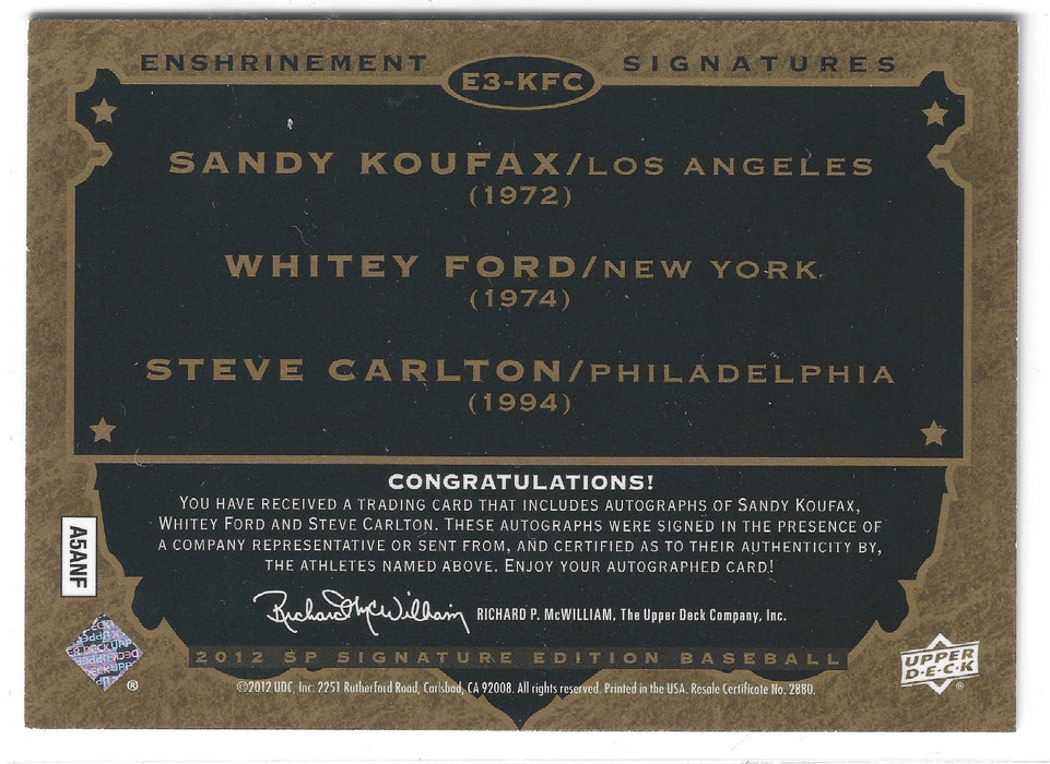2012 Upper Deck SP Signature Edition Sandy Koufax Whitey Ford Steve Carlton Triple Auto /15 SSP